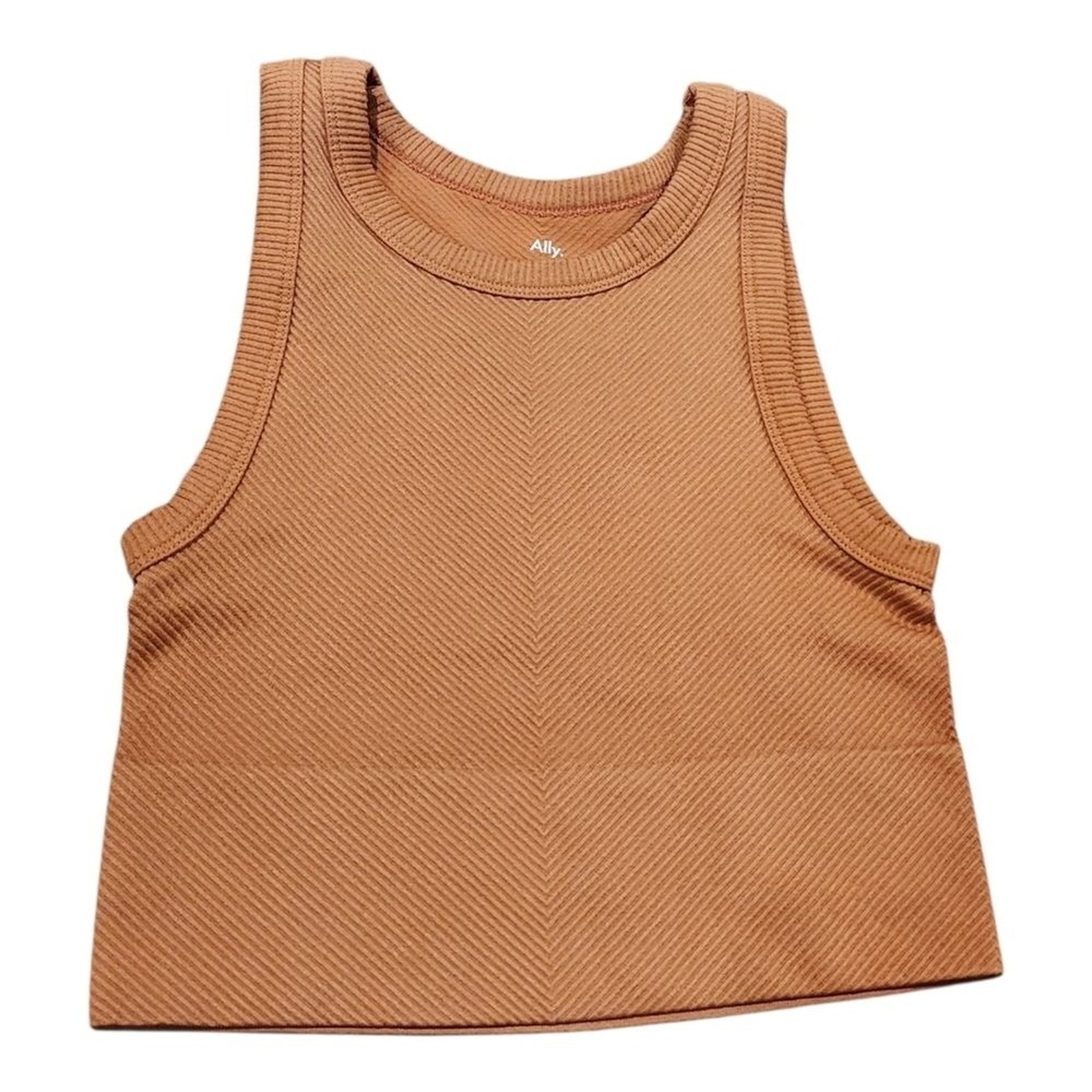 Ally Ribbed Crop Tank Top Womens XS Brown Terracotta High Neck Athleisure Basic
